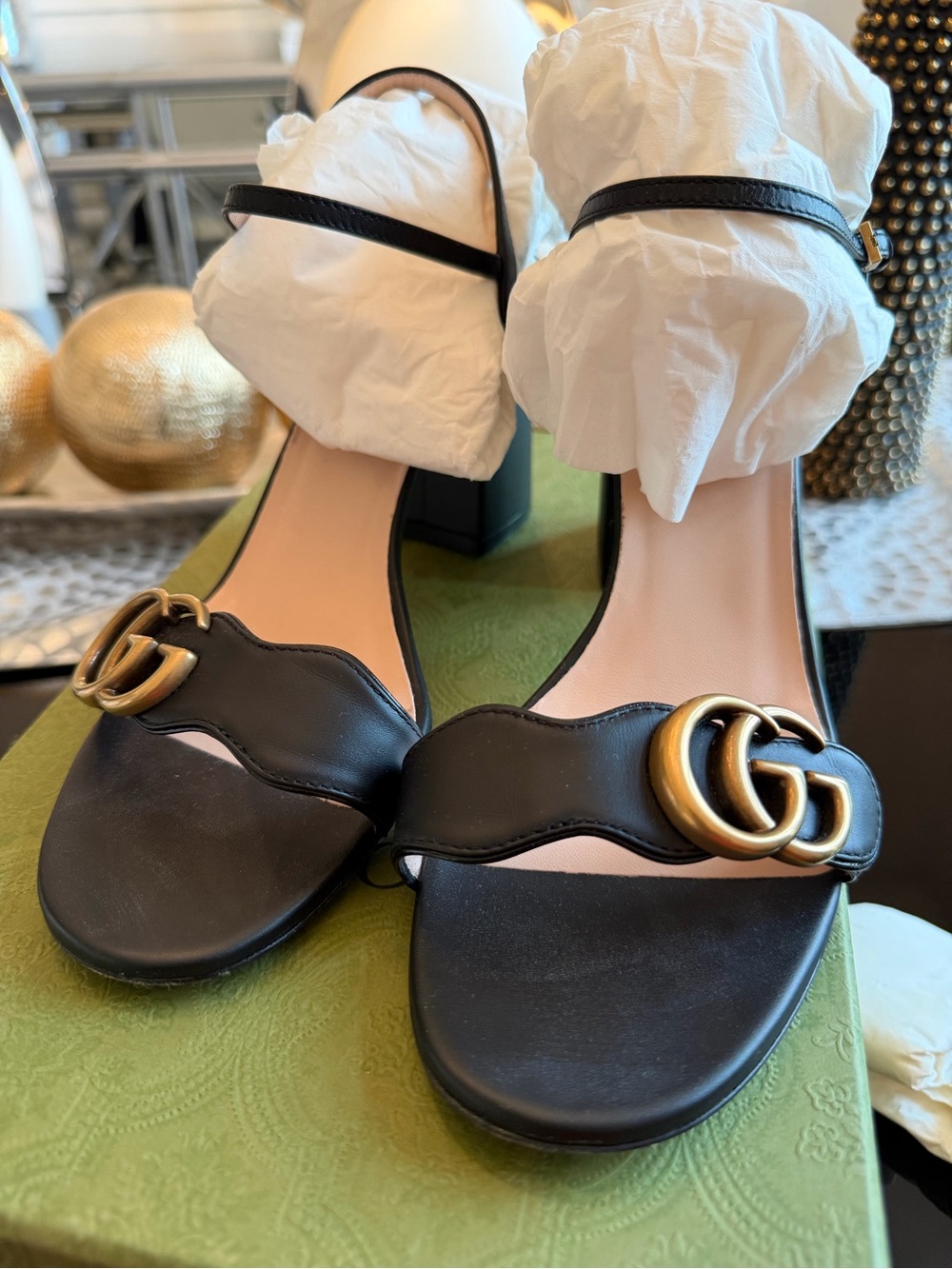 Gucci Black Leather Sandals with Gold Double G